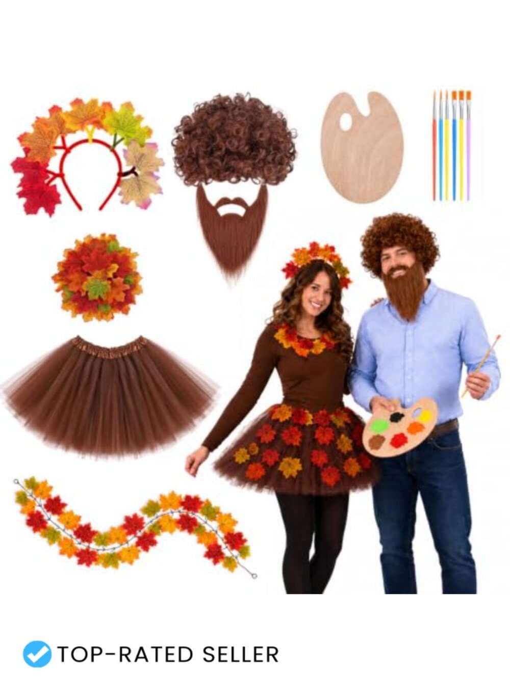 80s Painter Couple Costume Set Leaf Tutu Headband Garland Wig Beard Brushes